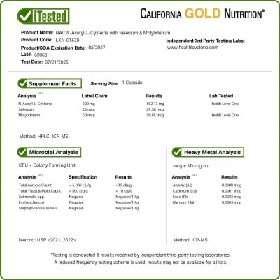 Картинка Амінокислота N-ацетилцистеїн з молібденом і селеном California Gold Nutrition  NAC N-Acetyl-L-Cysteine від інтернет-магазину спортивного харчування PowerWay