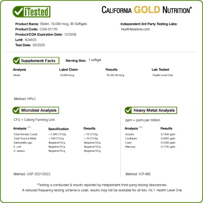 Картинка Біотин California Gold Nutrition Biotin 10000 мкг 90 softgels від інтернет-магазину спортивного харчування PowerWay
