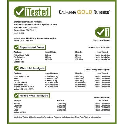 Картинка Бенфотіамін + Альфа-ліпоєва кислота California Gold Nutrition Benfotiamine + Alpha Lipoic Acid від інтернет-магазину спортивного харчування PowerWay