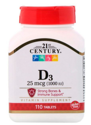 Картинка Вітамін D3 21st Century, 25 мг (1000 IU), 110 капс від інтернет-магазину спортивного харчування PowerWay