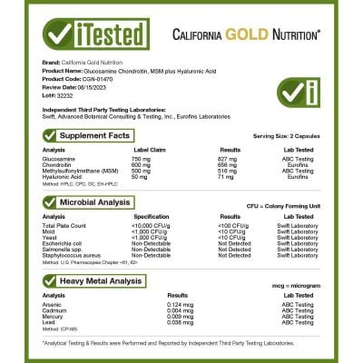 Картинка Засіб для суглобів California Gold Nutrition Glucosamine, Chondroitin, MSM plus Hyaluronic Acid від інтернет-магазину спортивного харчування PowerWay